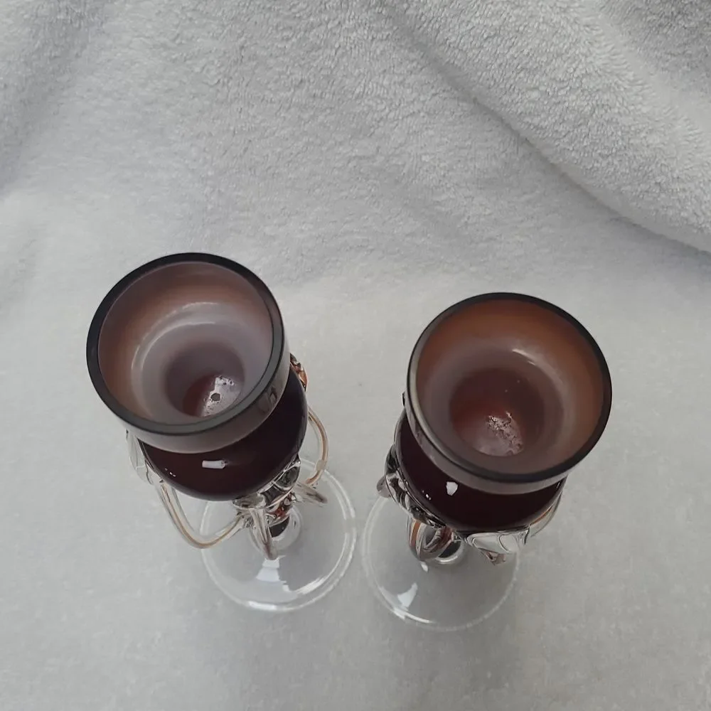 Polish Hand Blown Glass Candle Holders Jellyfish Sculptural Amber Brown VTG